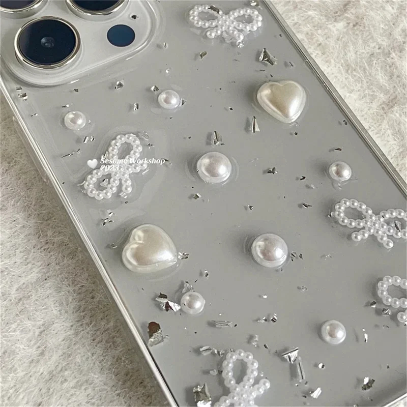 Phone Accessories Wholesale In China - เคสโทรศัพท์ลายโบว์มุก 3 มิติ ประดับฟอยล์สีเงิน สำหรับ iPhone