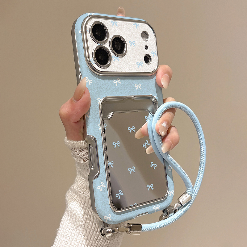 Phone Accessories Case - เคสโทรศัพท์แบบมีกระจกและที่ใส่บัตรลายโบว์น่ารัก สำหรับ iPhone17 16 15 14
