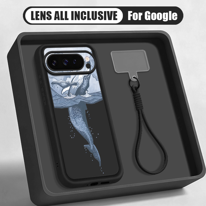 Google Pixel 8A - เคสโทรศัพท์ซิลิโคนนิ่มลายปลาวาฬหลังโค้ง พร้อมสายคล้องข้อมือ สำหรับ Google Pixel 10